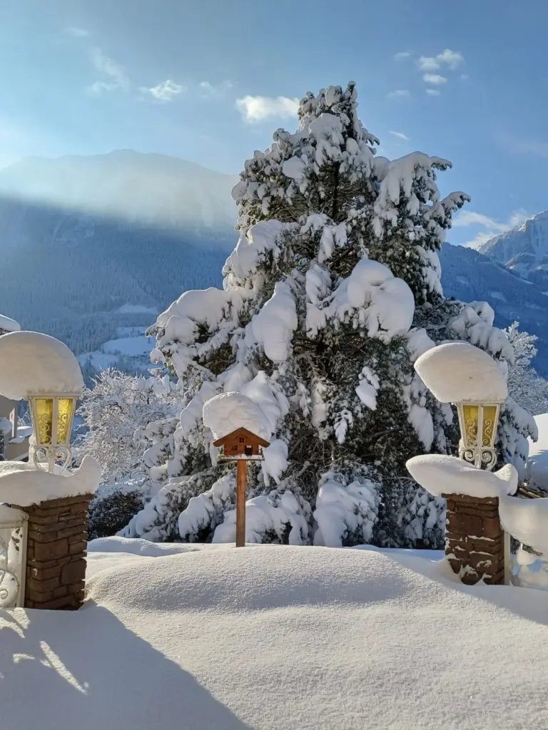 The Sunnhäusl garden in winter with snow-capped lanterns and a tree