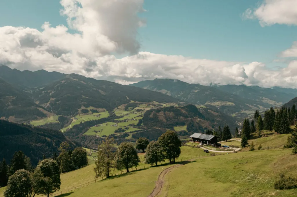 Wanderweg über eine Almwiese mit Blick ins Tal
